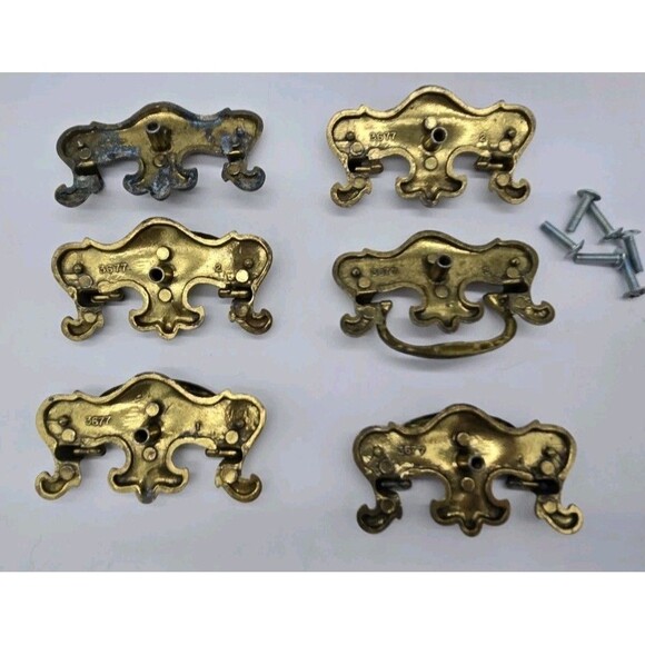 6 Vintage Dresser Drawer Furniture Pulls Handles With Screws Hardware Gold 3677 - Picture 10 of 16